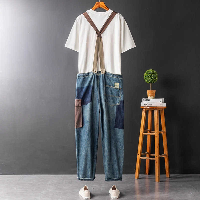 Mens Vintage Contrast Color Denim Bib Overalls Casual Patchwork Patch n Jeans Big Pocket Jumpsuits Pants 250725