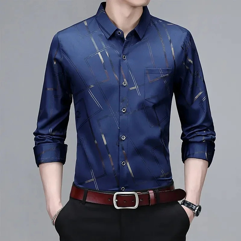 Mens Casual and Fashionable Long Sleeved Printed Shirt Non Ironing Wrinkle Resistant Business Top 250725