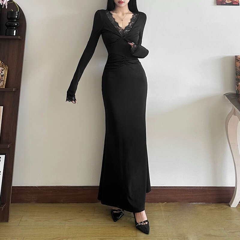 2024 Autumn New Women's Solid Color Slim Fashion V-neck Lace Trim Long Sleeve Dress a33