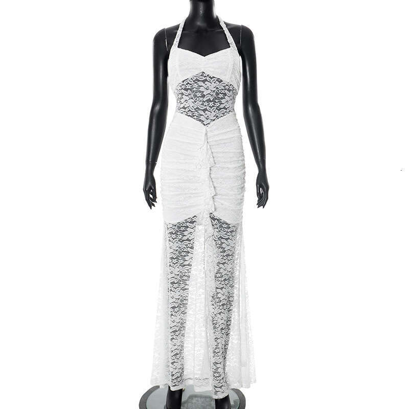 D25ds122 Women's Spring And Summer New Solid Color Lace Backless Split Sexy Dress B5
