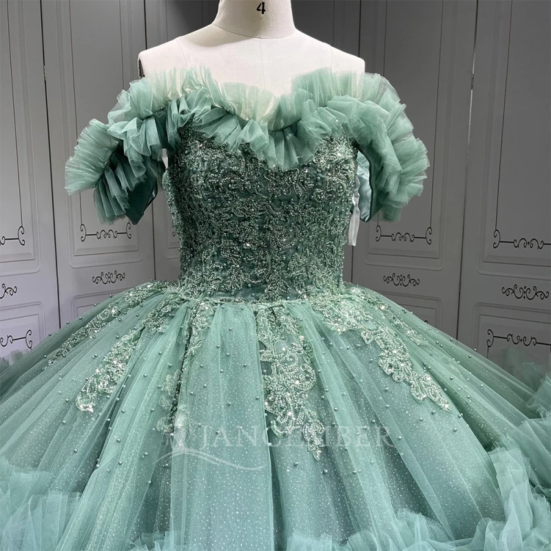 Mint Green Shiny Quinceanera Dresses Off Shoulder Ball Gown Sweet 16 Dress Applique Beading Tiered Tull Birthday Party Vestidos 15 Anos