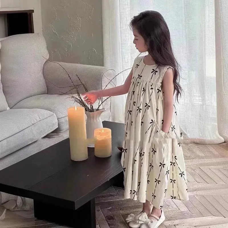 Summer Cotton Girls Stylish Vest Dress with Pocket Childrens White Sweet Outfit Princess for 27Y 250725