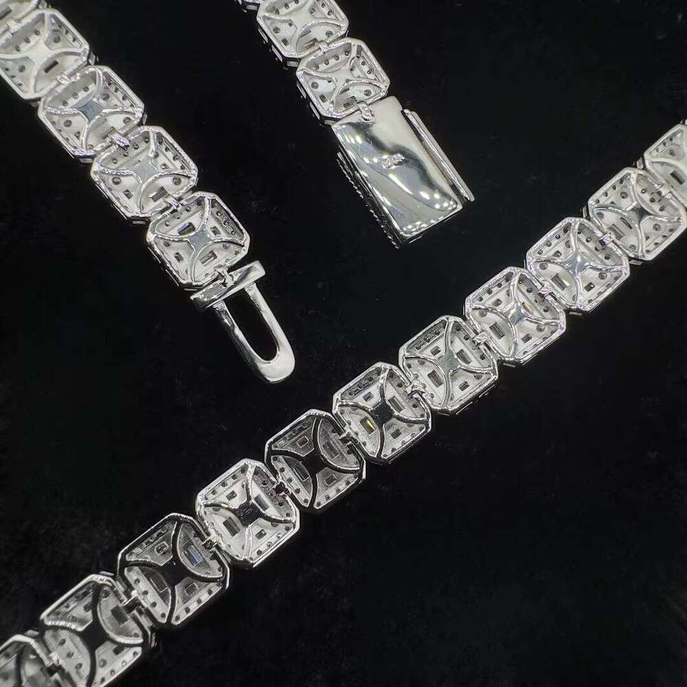 100% Passes the test for the designer necklace's high quality10mm/12mm Sier Hiphop Rock-Candy Necklace with Square Tennis Moissanite Chain