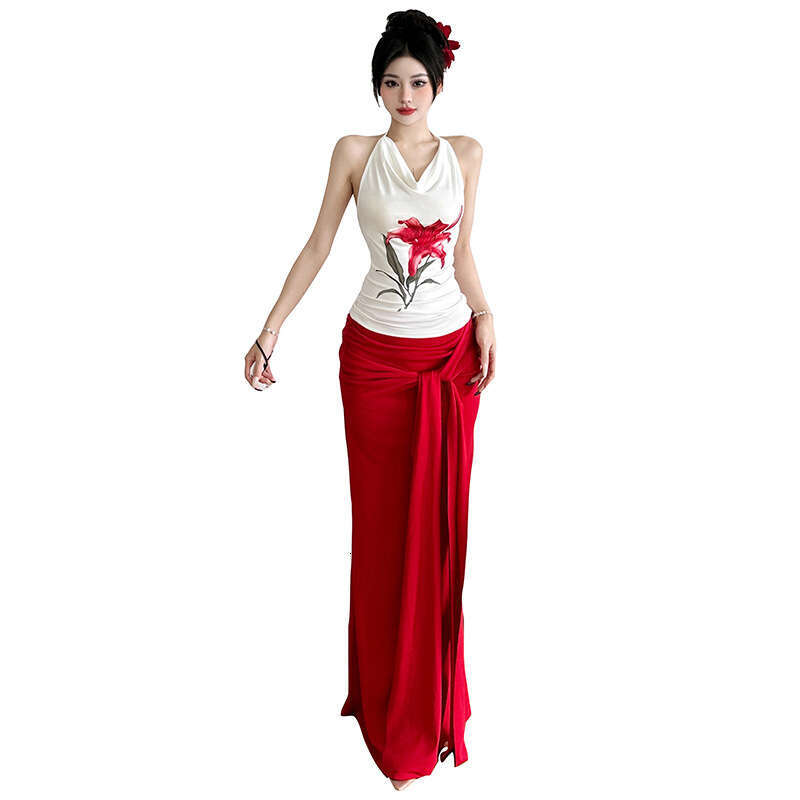 2025 Summer New Halter Neck Backless Sleeveless Slim Top High Waist Ribbon Skirt Set for Women dfb