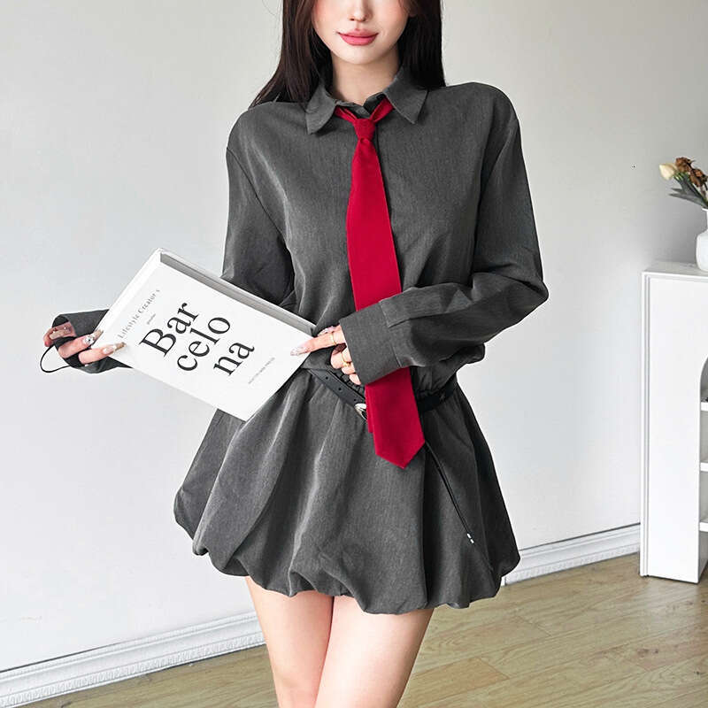 2024 Autumn New Women's Solid Color Slim High Waist Street Fashion Turn-Down Collar Long Sleeve Dress b26