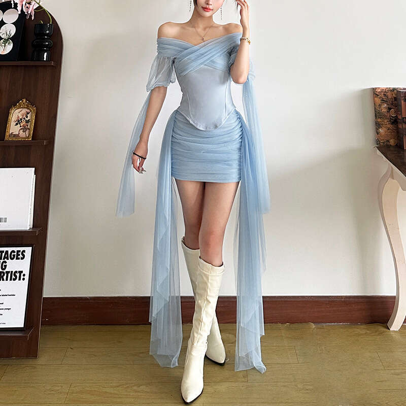 2025 Spring New Women's Fashion Solid Color Slim Off-Shoulder Top Fashionable High-Waisted Skirt 4b9