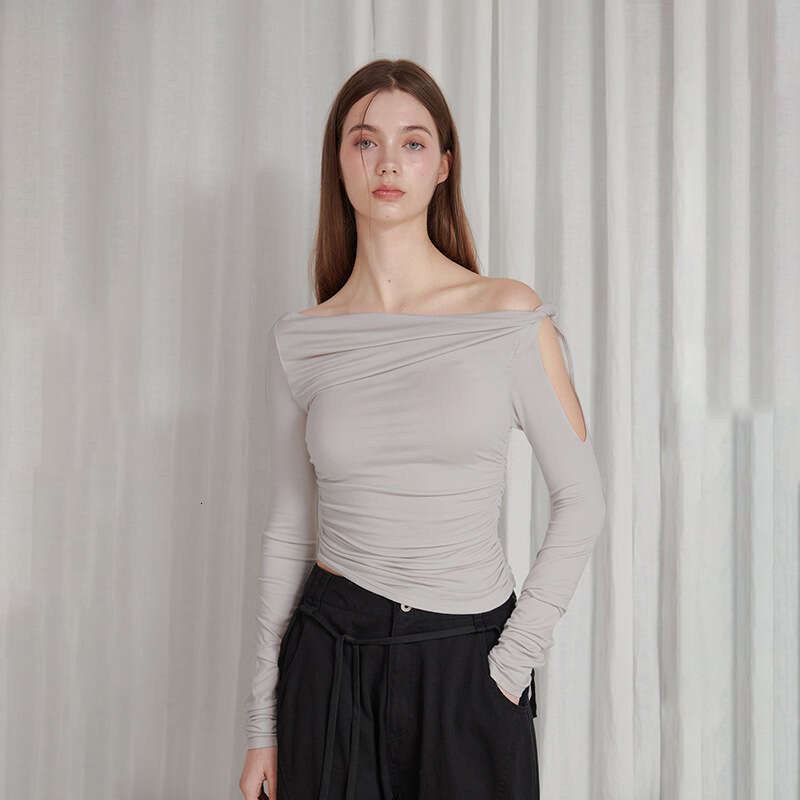 Ytp447 Women's Autumn New Solid Color Asymmetrical Neck Single Shoulder Sexy Tie Long Sleeve Top B5