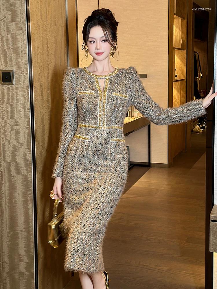 Two Piece Dress Women Clothes Vintage Tweed Hollow Sexy O-Neck Slim Midi Pencil Elegant Fashion Evening Party Vestidos Formal Occasion