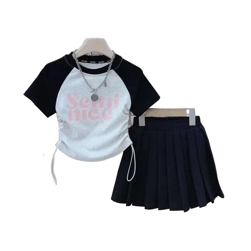Short Sleeves Top Pleated Skirt 2Piece Suits Children Girls Letter Print Clothes Kids Casual Sets Teens Summer TShirt Outfits 250725