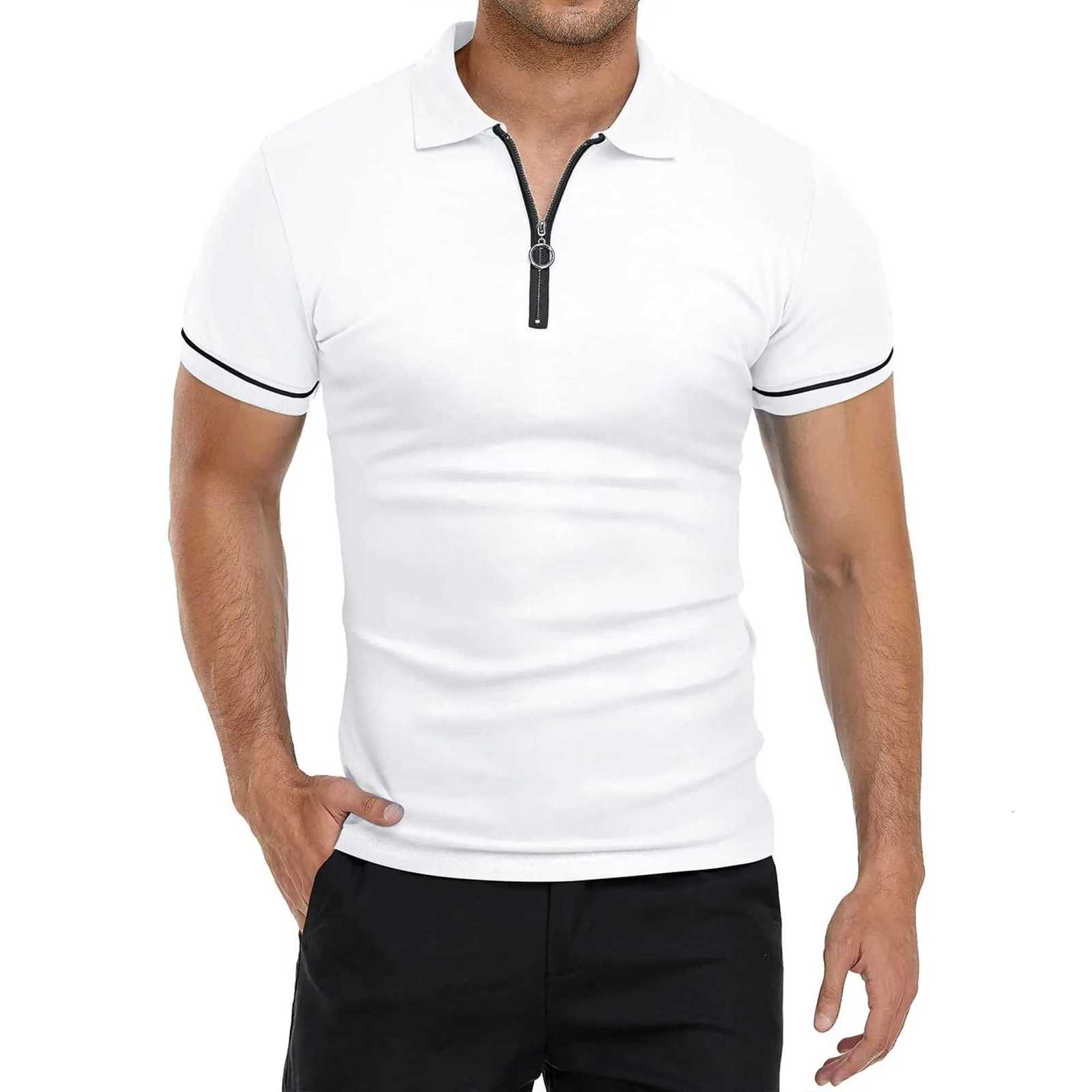 Mens Polo Shirt Color Matching Short-Sleeved Zipper Lapel T-Shirt Casual Shirt XJ250725