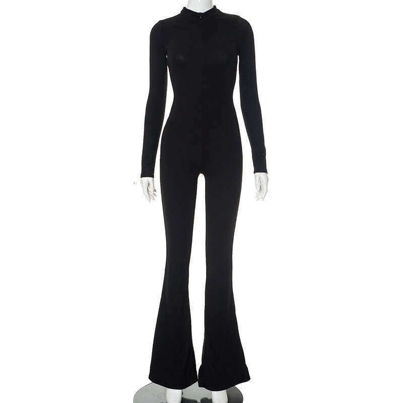M23jp494 Women's Autumn New Solid Color Round Neck Zipper Slim Fit Flared Long Jumpsuit Casual Pants B5
