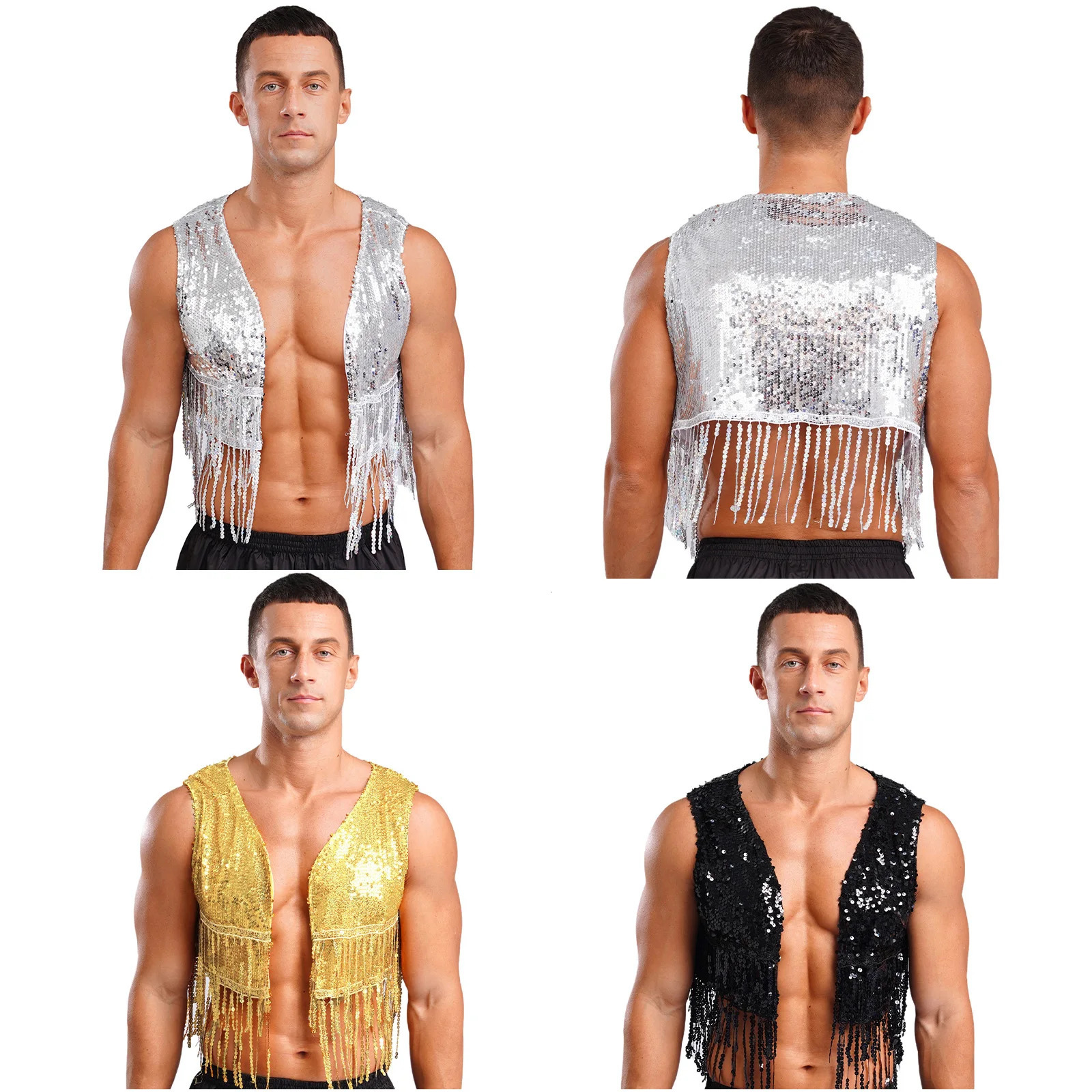 Mens Cowboy Western Costume Shiny Vintage 70s Disco Costumes Fringe Sequin Waistcoat Sleeveless Open Front Cropped Vest Cardigan 250725
