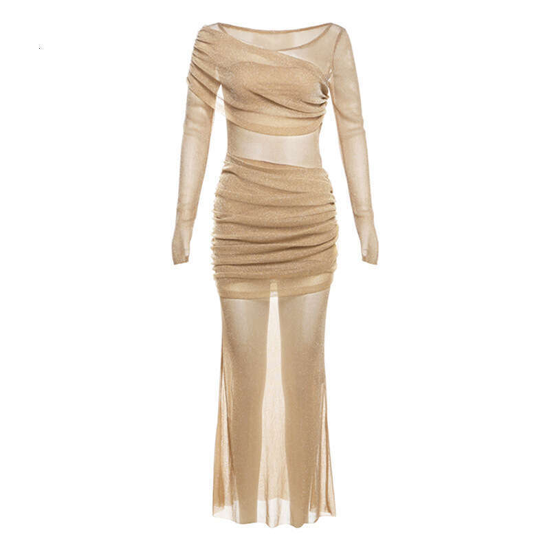 2024 Autumn New Women's Solid Color Slim High Waist Fashion Round Neck Long Sleeve Sheer Dress b88