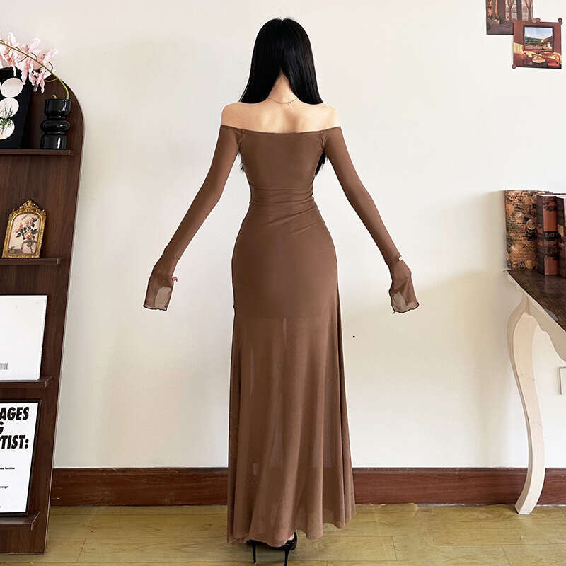 2025 Spring New Women's Solid Color Slim High Waist Fashion Off-Shoulder Long Sleeve Dress e79