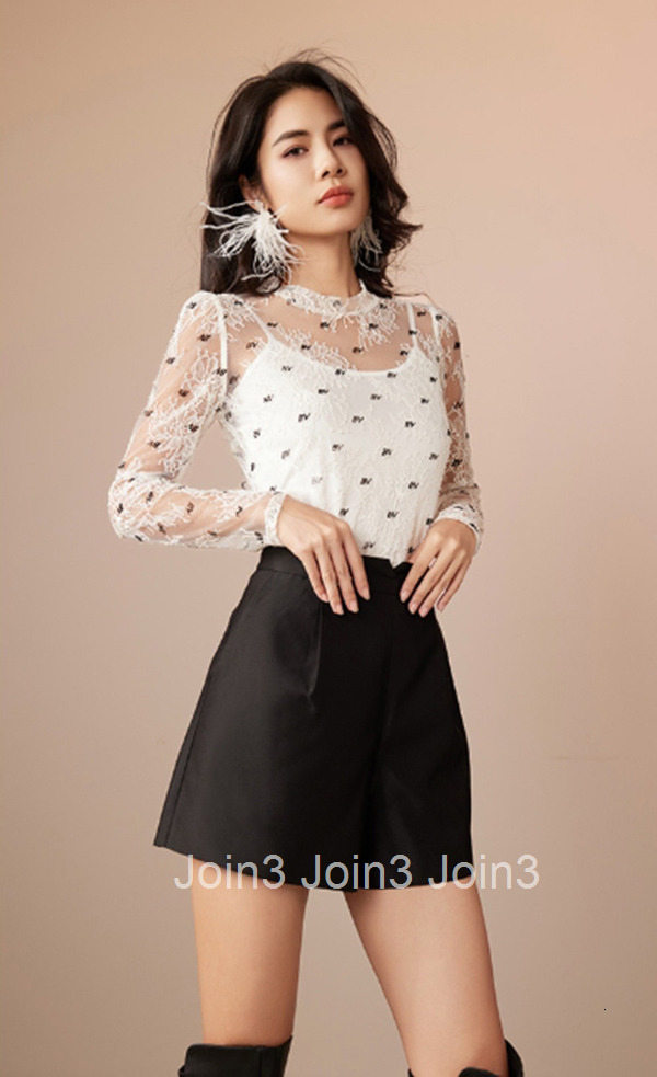 Summer New French Style Mesh Lace Top Hollow Out Flocked Long Sleeve Fashion T-Shirt for Women 2681