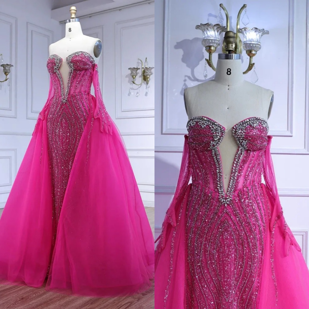 Princess Crystal Mermaid Evening Dress Off Shoulder Beaded Sequins Prom Gowns Detachable Sweep Train Party Dresses Customized