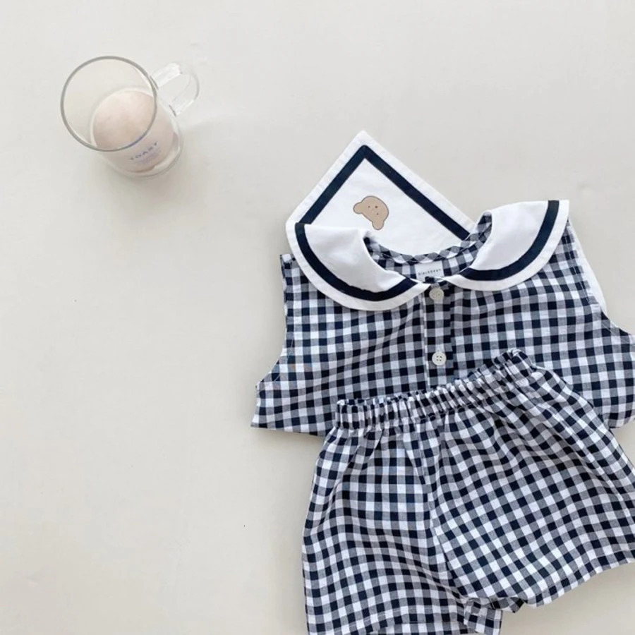 Summer born Baby Boy Girls Cell Sleeveless Cartoon Bear Navy Collar Waistcoat Shorts Fallow Set Kids Fashion Clothing 250725