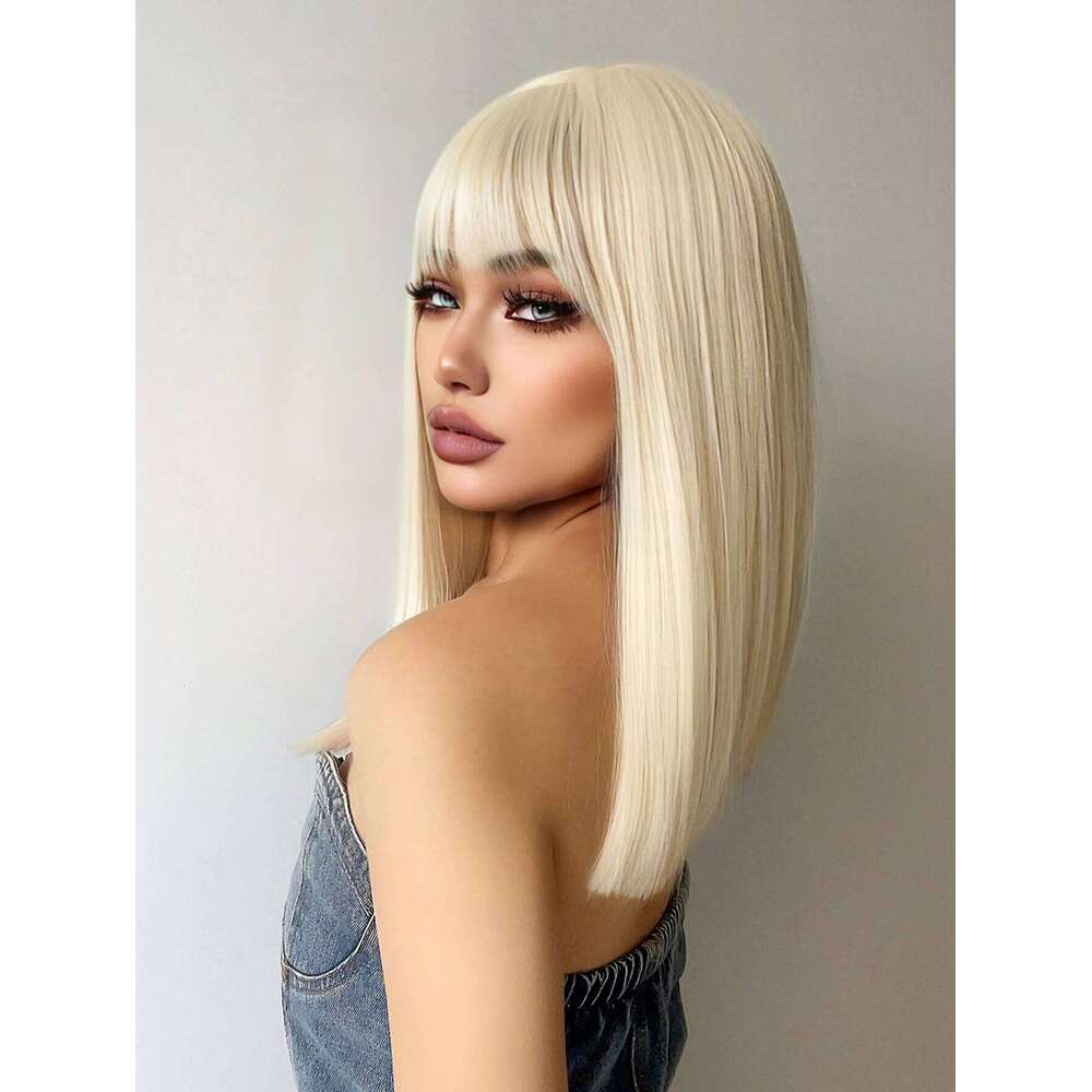 Platinum Blonde Synthetic Wigs With Bang Long Natural Straight Human Hair Wig For Women Daily Use Cosplay Party Heat Resistant