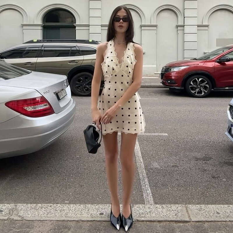 2025 Summer New Fashion Sexy Halter Lace Trim Polka Dot High Waist Dress 03c