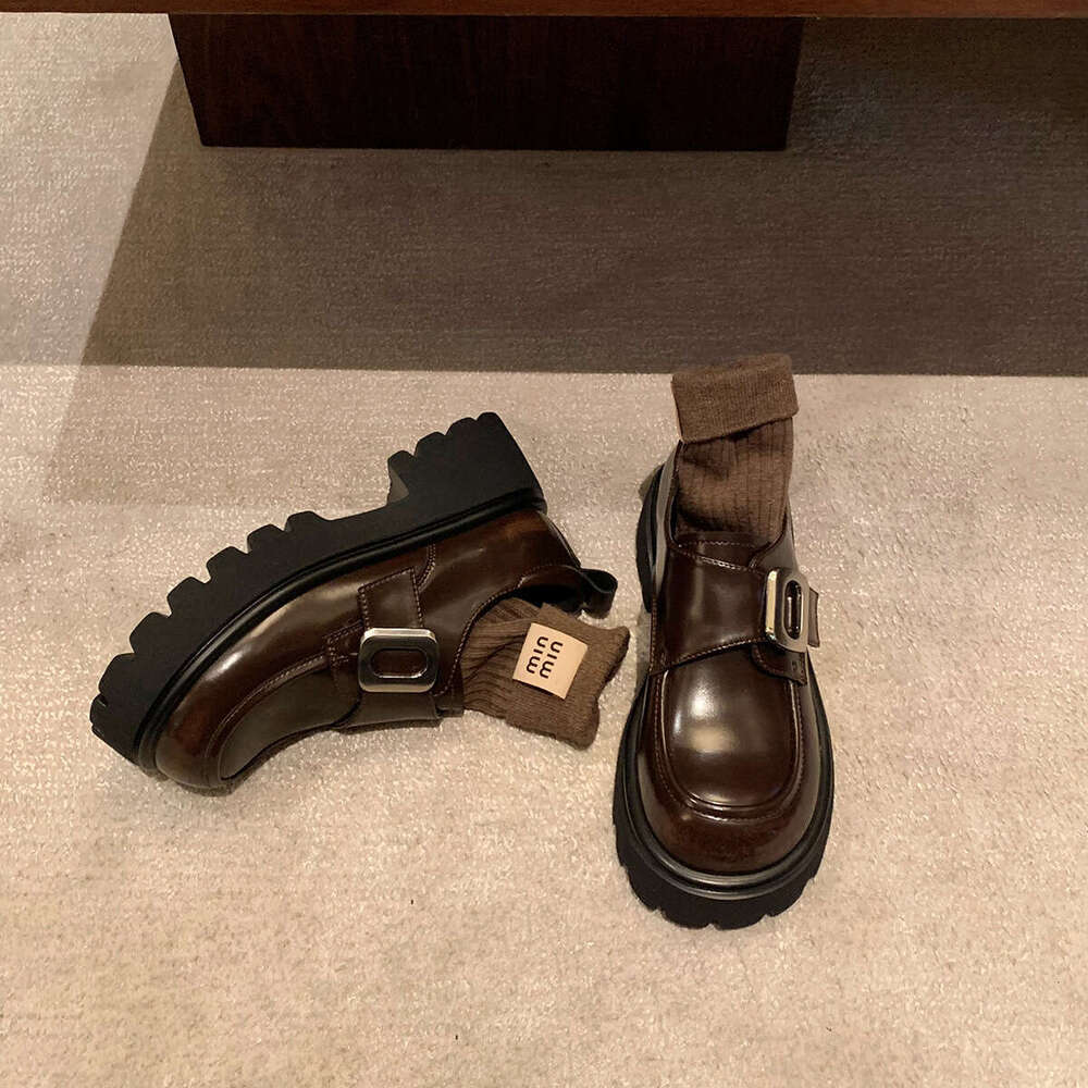 Designer Thick-Soled Uniform Leather for Women, College Style, Square Buckle, Slip-On Loafers, Winter Work Shoes