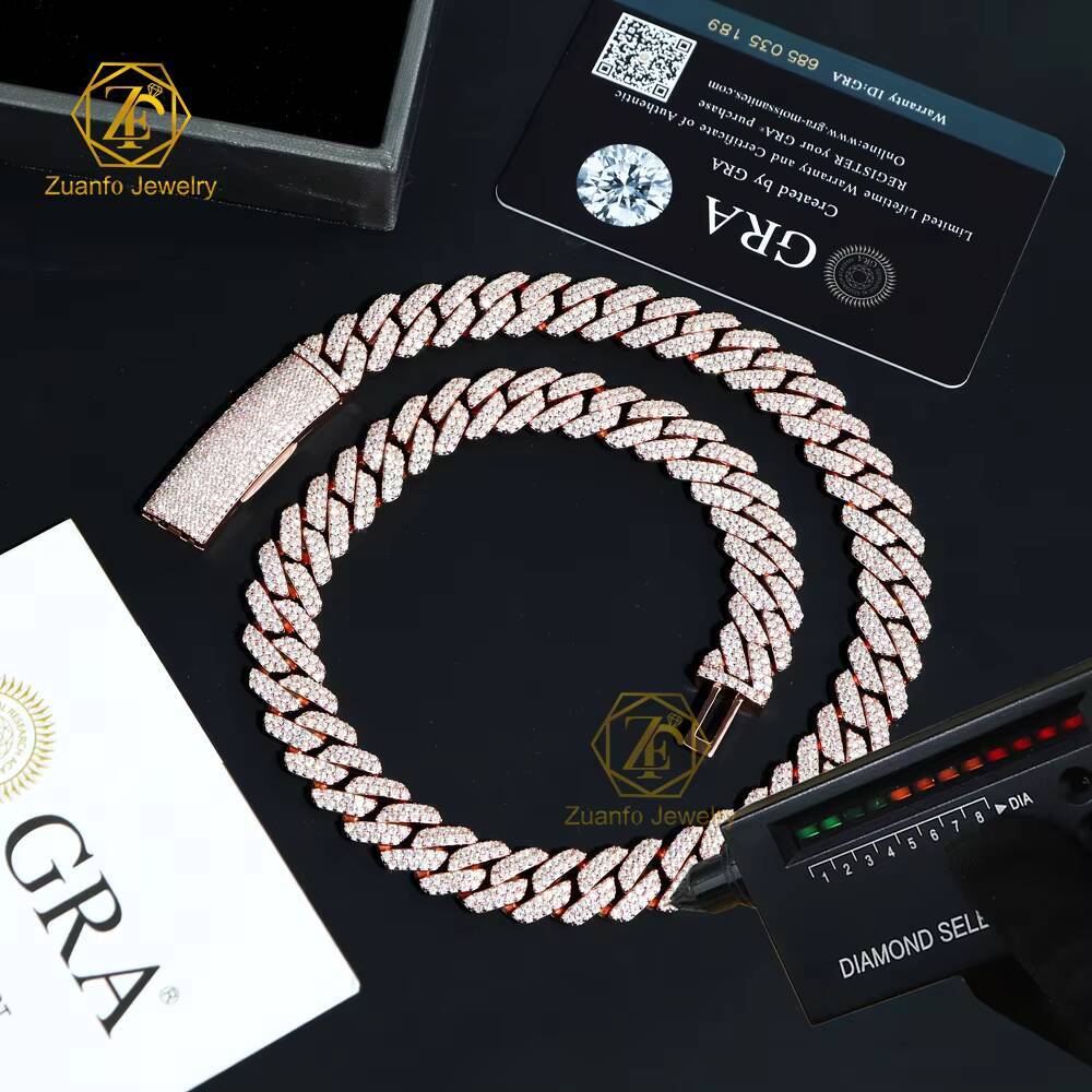 Factory Custom Classic Cuban Link Chain Pass Diamond Tester Rose Gold Bent Buckle 925 Silver Moissanite Cuban Necklace