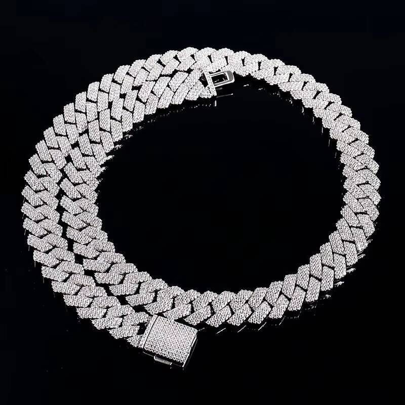 Factory Wholesale 925 Silver Gold Plated 15mm Moissanite with 3-Row Silver Inlaid Hip-Hop Style 7-24 Inches Cuban Chain Necklace
