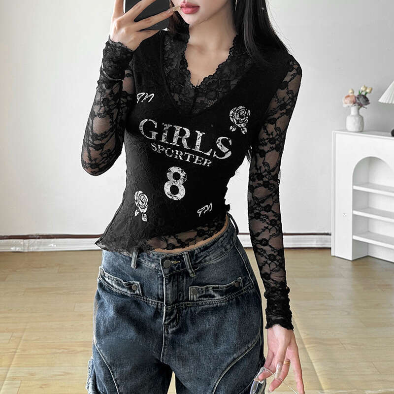 2024 Autumn New Women's Fashion Solid Color Slim Street Style V-Neck Long Sleeve Printed Top 55b