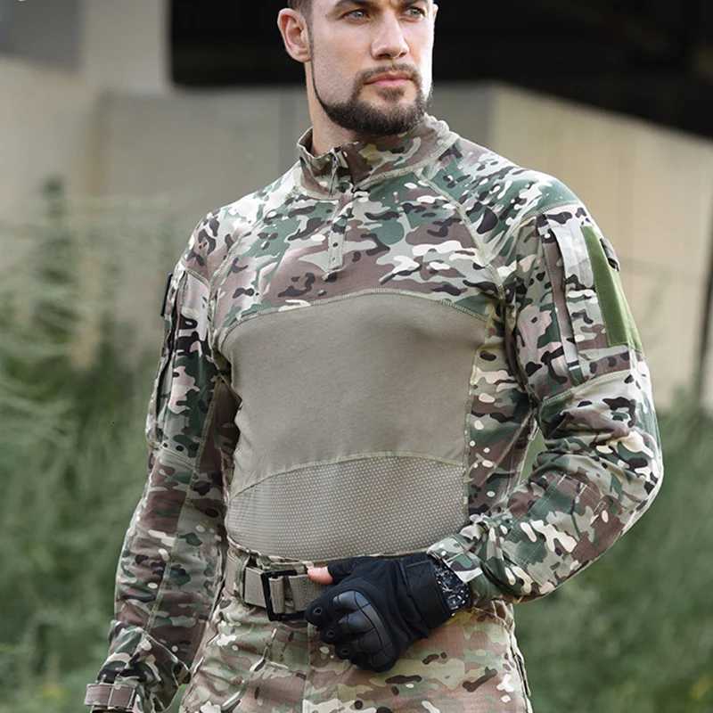 Mens Summer Breathable Long Sleeve T-shirts Outdoor Stand Collar Sports Tactical Camouflage Shirts Quick Dry Frog Slim Fit Tops Y250724