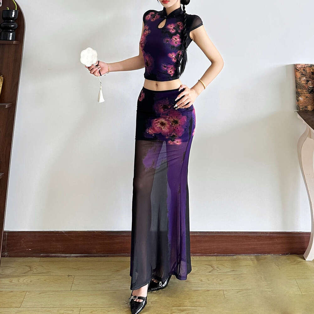 2025 Summer New Slim Fit Elegant Crop Top Versatile High Waist Printed Sexy Skirt for Women b8f