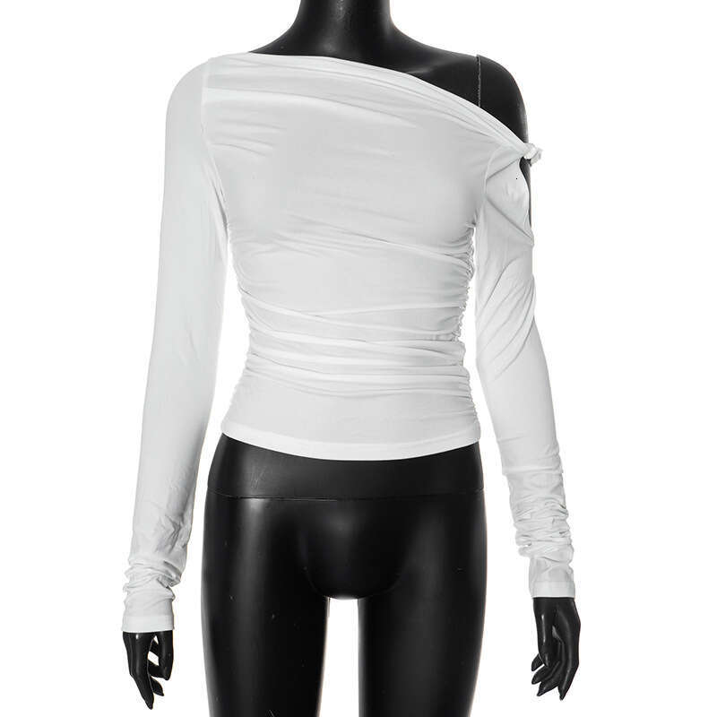 Ytp447 Women's Autumn New Solid Color Asymmetrical Neck Single Shoulder Sexy Tie Long Sleeve Top B5