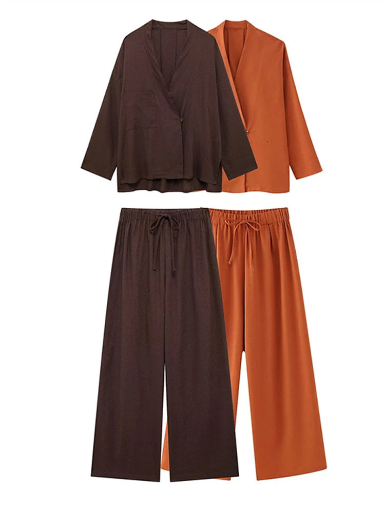 Spring Womens Chic Two-Piece Set Linen V-neck Long Sleeve Covered Button Top Lace Up Wide Leg Pants Female Commute Outfit 250723