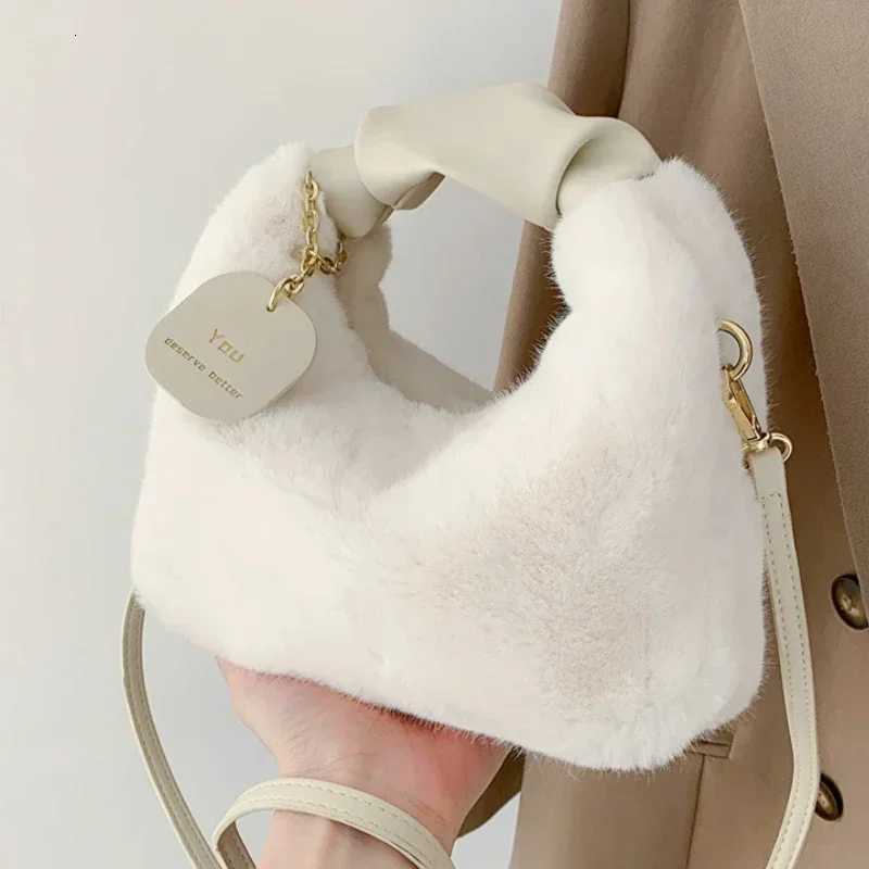 100% Faux Fur Plush Handbags Ruched Handle Small Lady Shoulder Crossbody Bag Casual Tote Half-Moon Hobos Winter Bags for Women Y250725