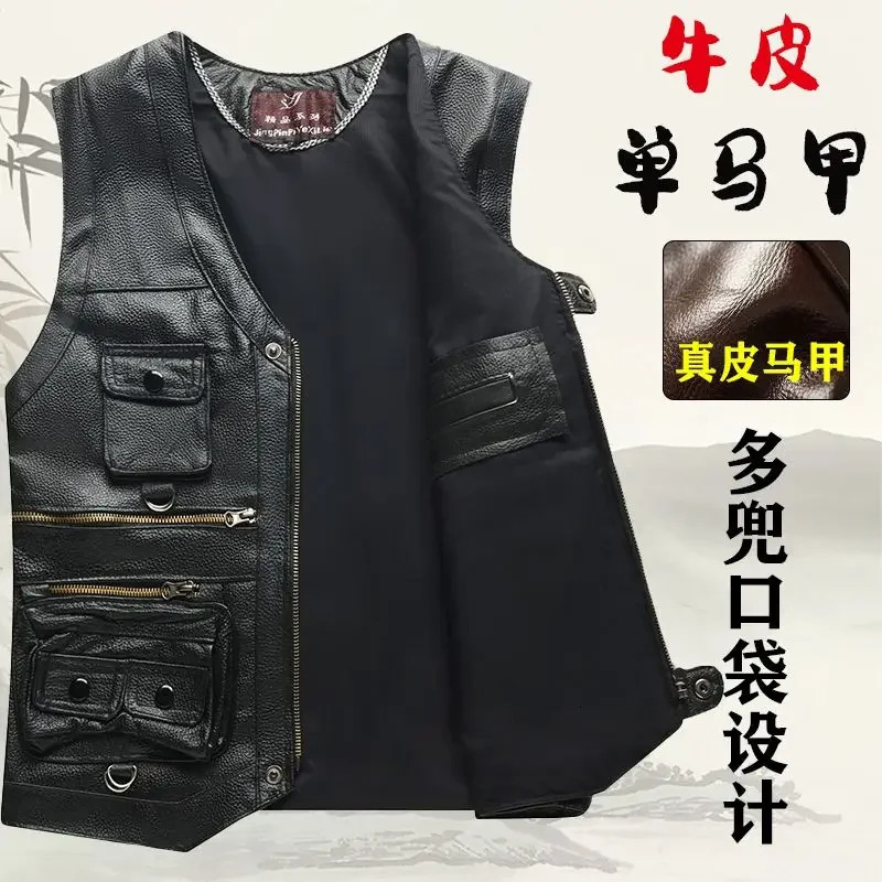 2025 Cowhide Genuine Leather Man Vest Waistcoat Male clothing Jacket Thick Motorcycle Multi Pocket leather biker Men safety vest 250725