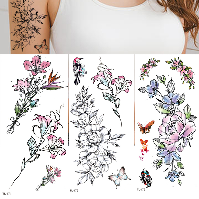 3Pcs Waterproof Temporary Tattoo Sticker Flower Rose Flash Butterfly Lace Lady Body Art Arm Fashion Fake Sleeve Women