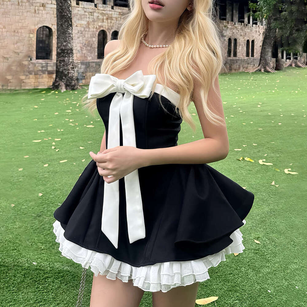 2025 Summer New Solid Color Patchwork Strapless Bow Waist Slim Fit Elegant Dress Women's Fashion f9d