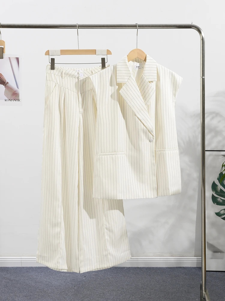 Summer Street Office Lady Outfits Chic Striped Vest Pants Sets for Women Loose Lapel Sleeveless One Button Tops Wide Leg Pants 250723