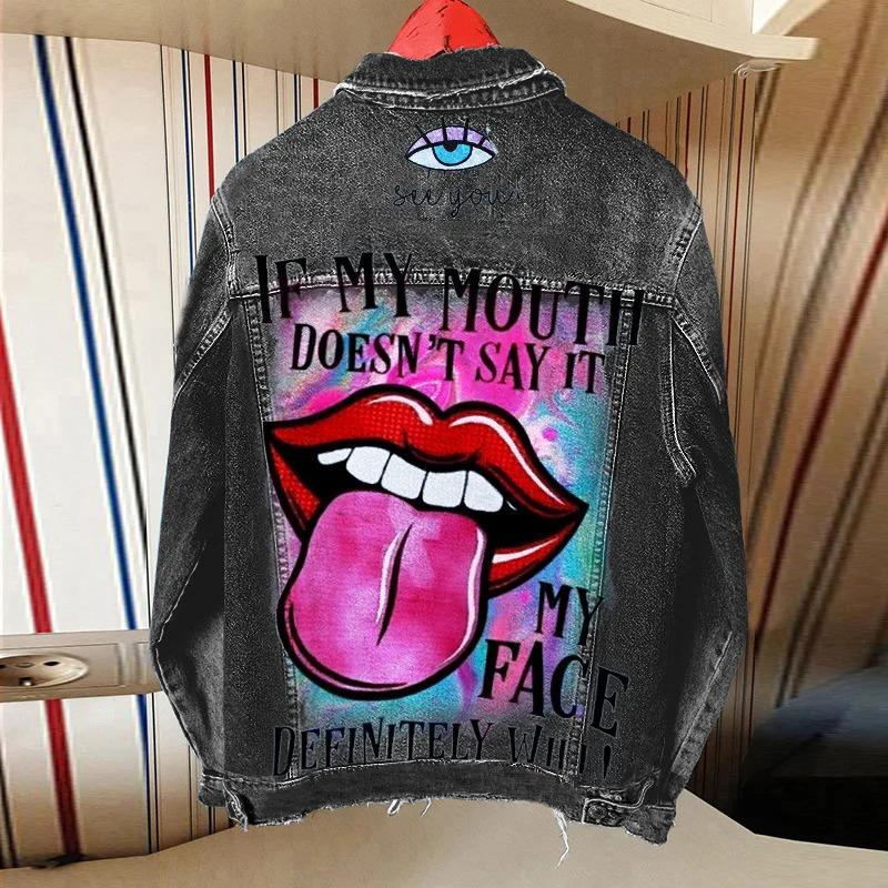 Womens Autumn Selling Street INS Net Red With The Same PLayful Tongue Out Print Pattern Lapel Denim Jacket 250724