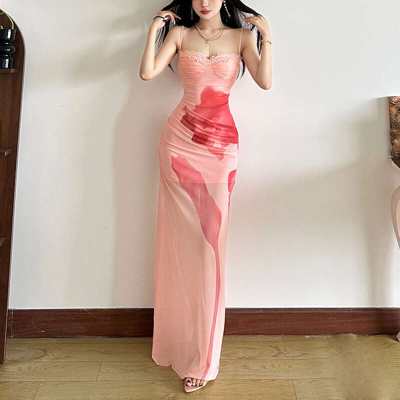 2025 Summer New Street Fashion Printed Sexy Strap and High Waist Bodycon Long Dress for Women 3a2