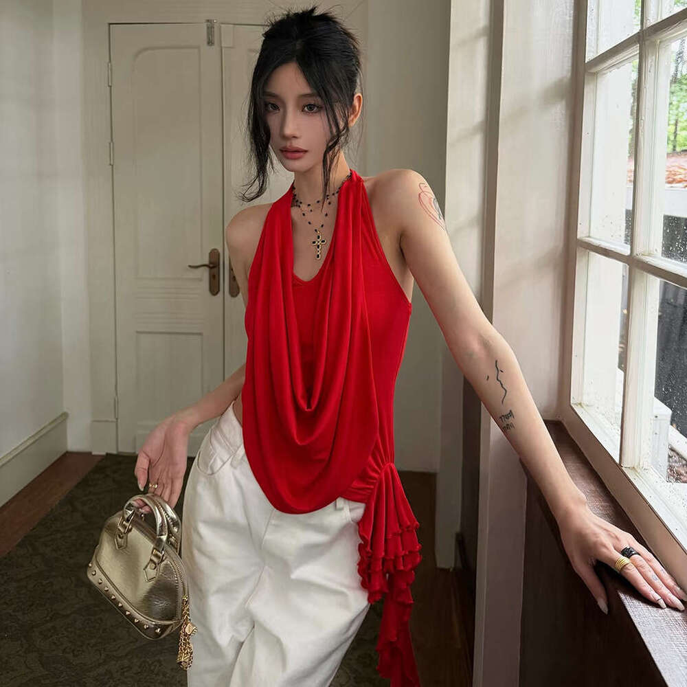 2025 Summer New Fashion Trend Solid Color Halter Neck Slim Fit Irregular Ribbon Versatile Women's Top e02