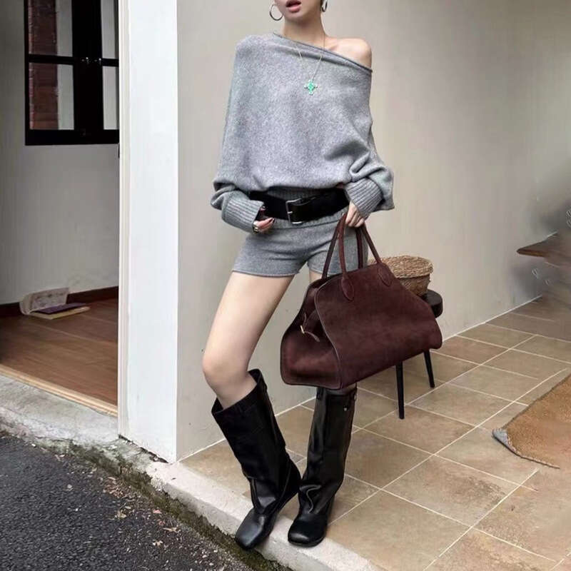 2024 Autumn New Women's Solid Color Loose Long Sleeve Top Fashion High Waist Shorts Set 6e5
