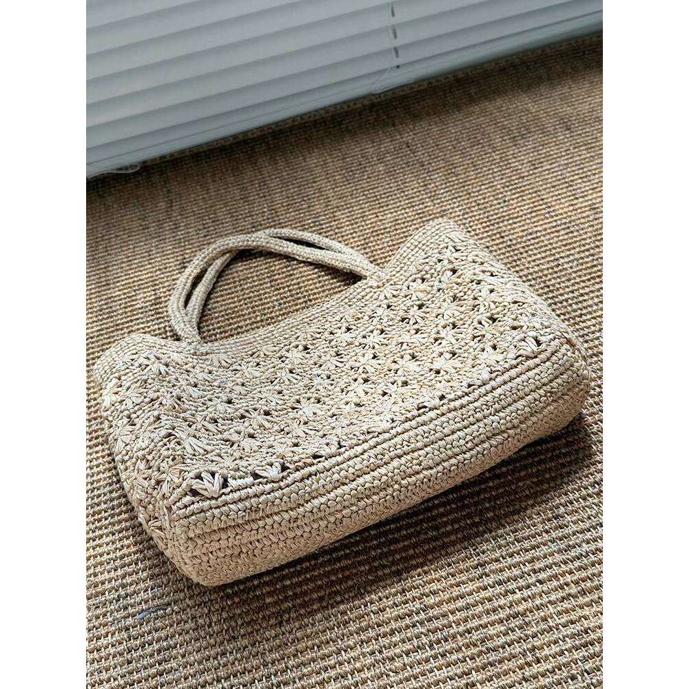 Style Bohemian Lafite Handwoven Straw Single Shoulder Holiday Beach Vacation Tote Women's Artistic Floral Hook Bag