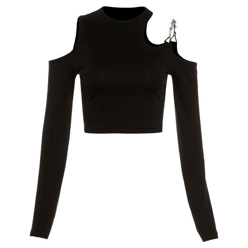 2021 Street Fashion Summer New Women's Slim Fit Sexy Off-Shoulder Long Sleeve Round Neck Short T-Shirt ee9