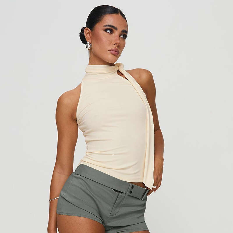 Dtp380 Women's Summer New Solid Color Sleeveless High Neck Tie Ribbon T-Shirt Top B5
