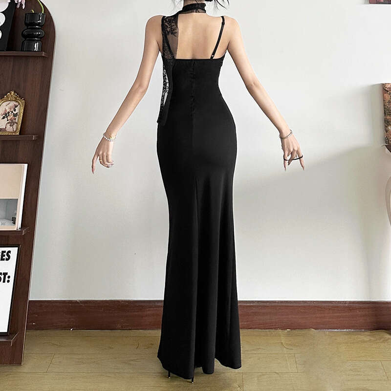 2024 Autumn Winter New Women's Solid Color Slim High Waist Fashion V-neck Strap Backless Dress 8e3