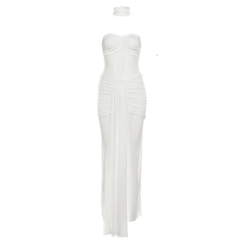2024 Autumn New Women's Solid Color Slim High Waist Fashion Off-Shoulder Sleeveless Dress 7c5