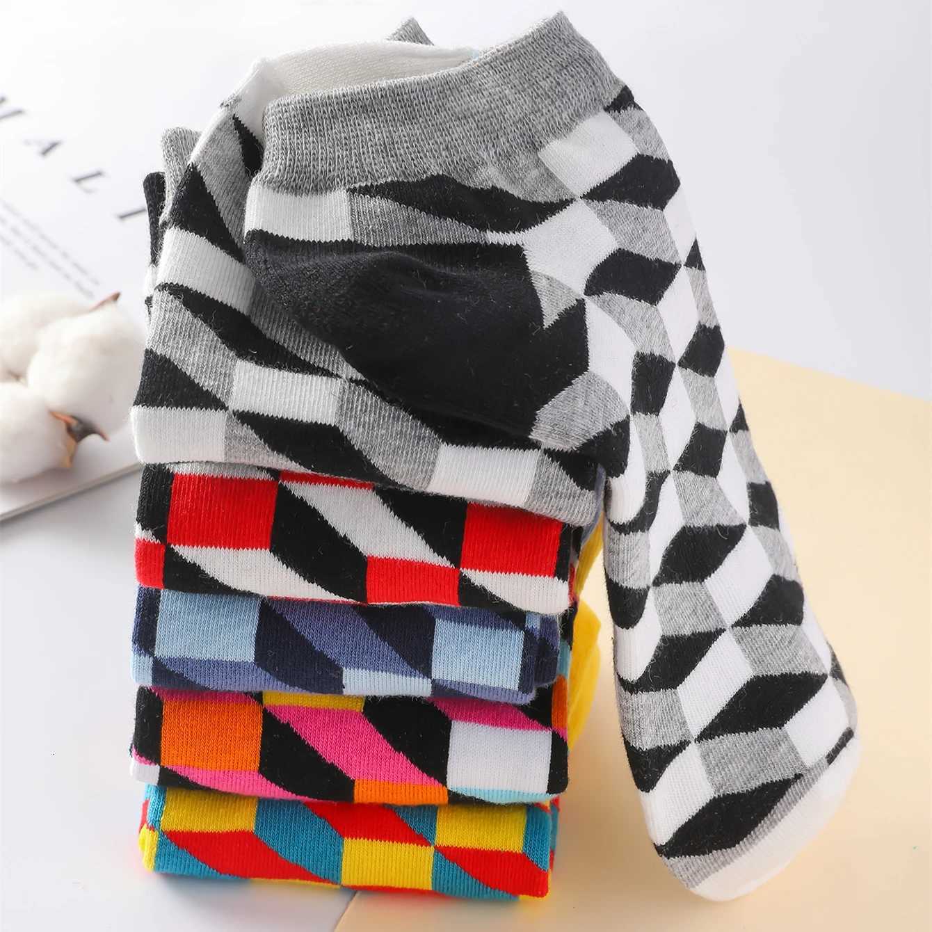 5 Pairs/Pack Men Spring Summer Thin Breathable Cotton Ankle Socks Geometry Pattern Fashion Casual Short Socks X250725