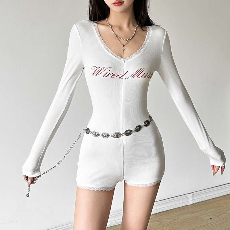 2024 Autumn New Women's Solid Color Slim Street Fashion V-Neck Long Sleeve Printed Jumpsuit e6f