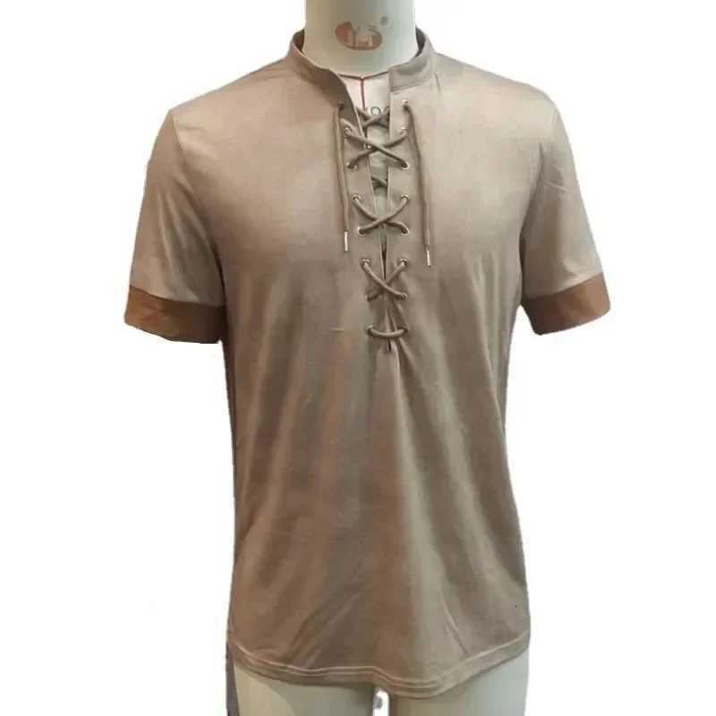 Mens Oversized T-shirt Summer Vintage Casual Lace-up Short-sleeved Tee Business Casual Mens Clothing Soft T-shirt Top Y2K Y250724