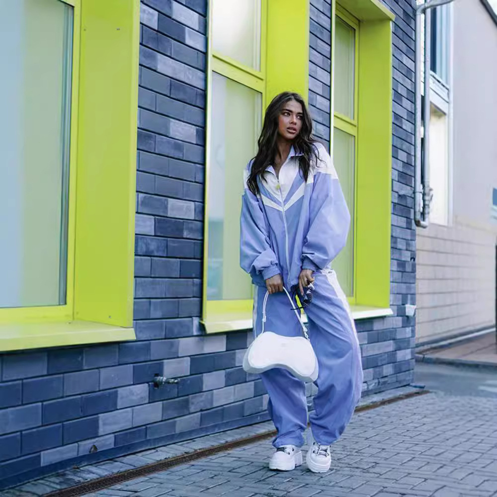 Loose Casual Womens Fashion Color-Block Long Sleeve Sports Cardigan and Pants Two-Piece Set Womens Pants Suit