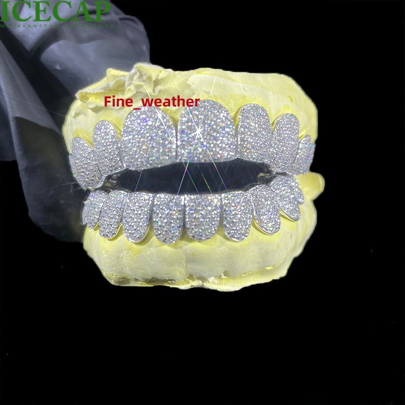 Custom Deep Perm Cut Grillz S925 Silver VVS Moissanite 16/20 Teeth Hip Hop Style 14K 18K White Gold Diamond Iced Out Grillz Gift